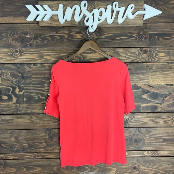 Rafaella | Boat Neck Coral Quarter Sleeve Top‎ Split Open Sleeves Pearl Button - Picture 6 of 7